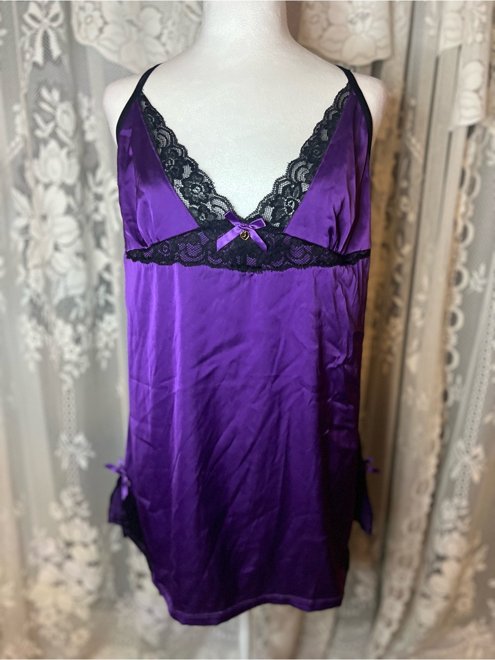 Purple Satin Chemise with Black Lace Trim - Women Intimates